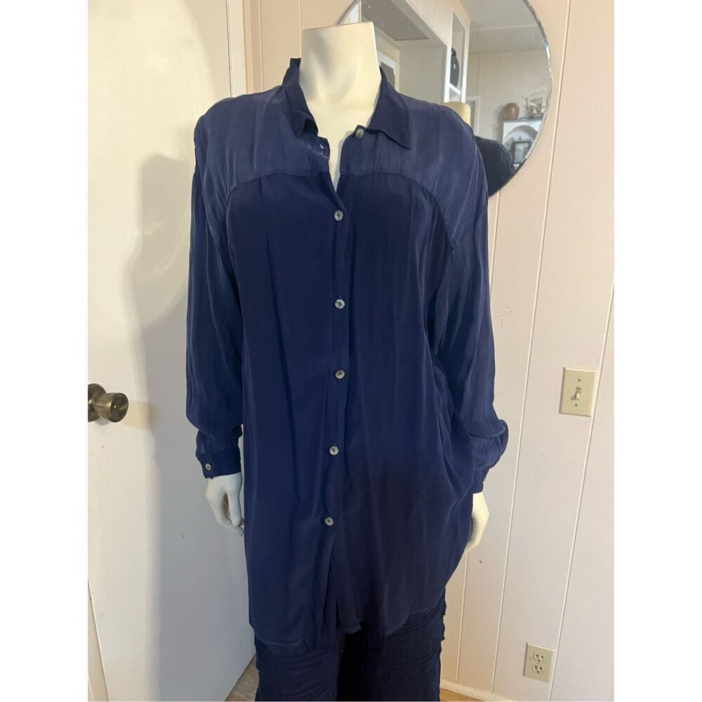 NWT $126 Stage 100% Rayon Blue Crinkled Rayon Button Down Big Shirt w/Sheer Slee